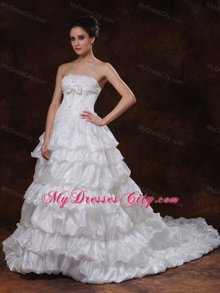 Tasty Beaded Strapless Chapel Train A-Line Wedding Dress with Ruffles