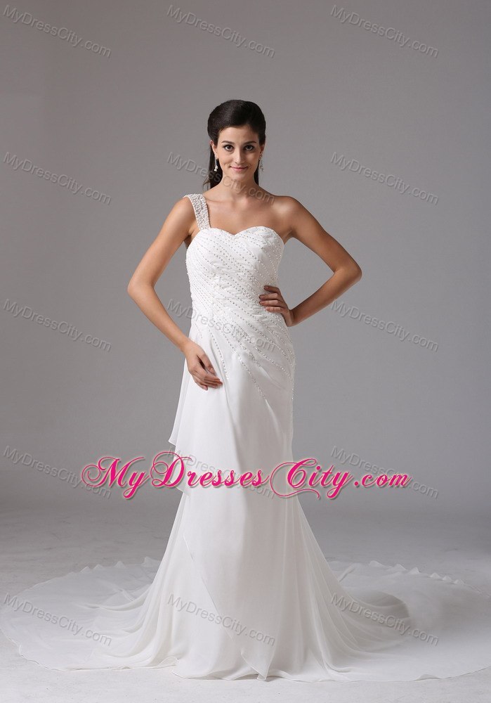 One Shoulder Appliques Decorate Chiffon Bridal Dresses with Court Train