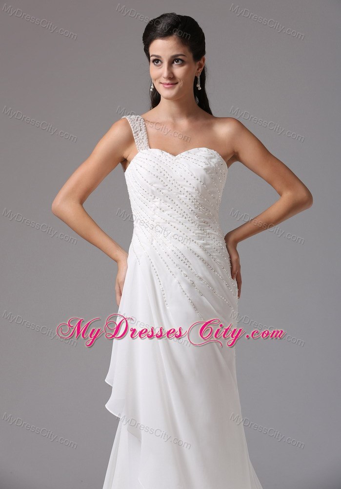 One Shoulder Appliques Decorate Chiffon Bridal Dresses with Court Train