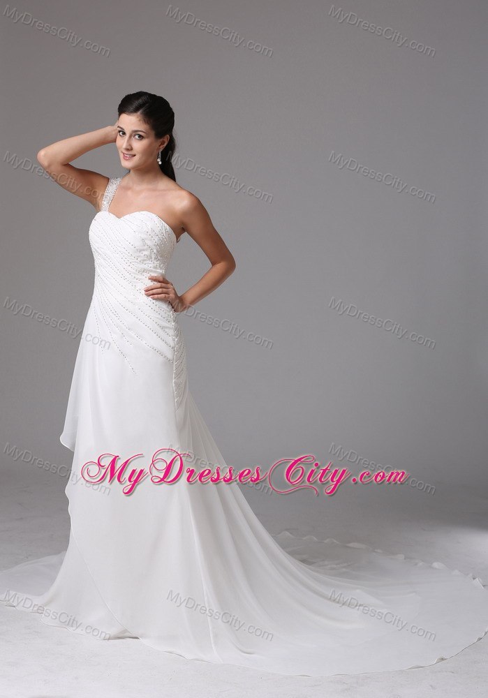 One Shoulder Appliques Decorate Chiffon Bridal Dresses with Court Train