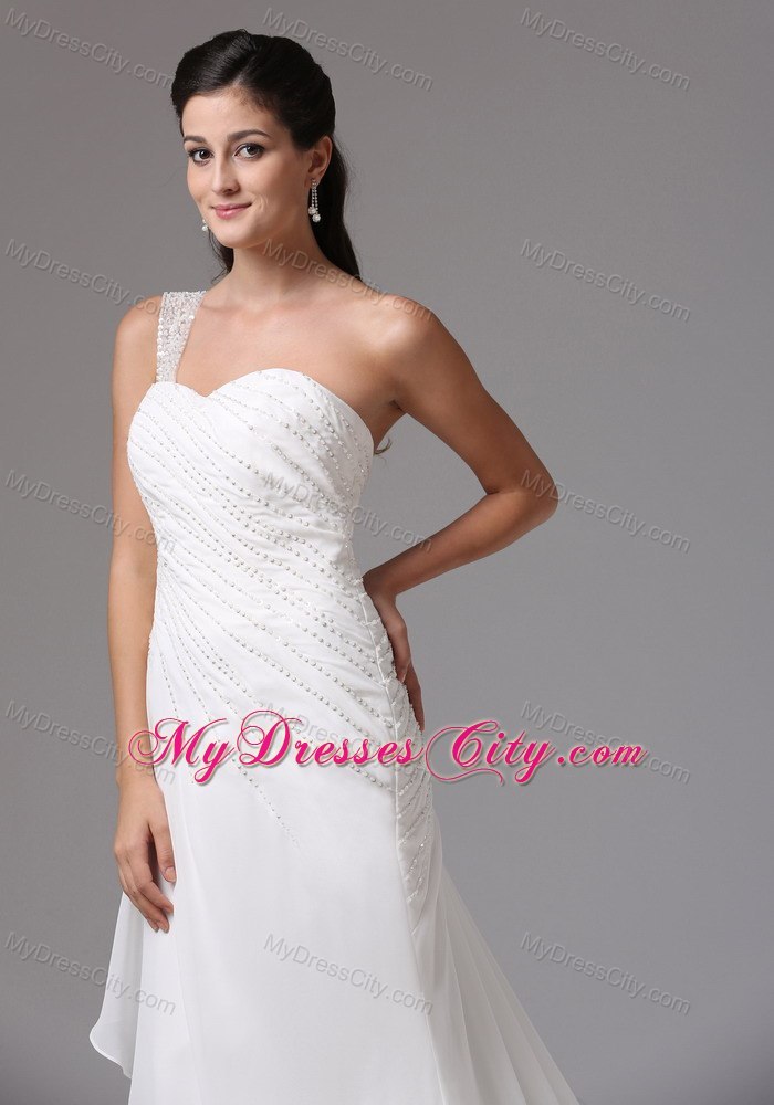 One Shoulder Appliques Decorate Chiffon Bridal Dresses with Court Train