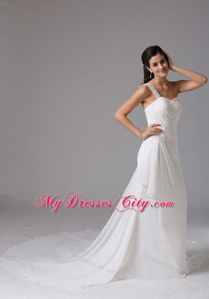 One Shoulder Appliques Decorate Chiffon Bridal Dresses with Court Train