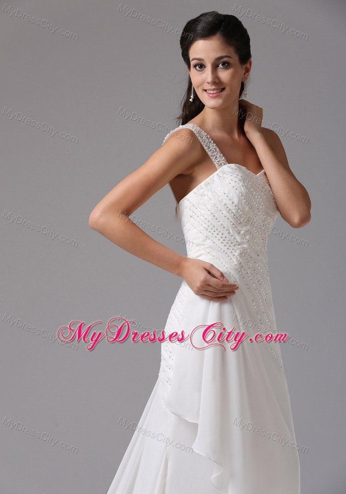 One Shoulder Appliques Decorate Chiffon Bridal Dresses with Court Train