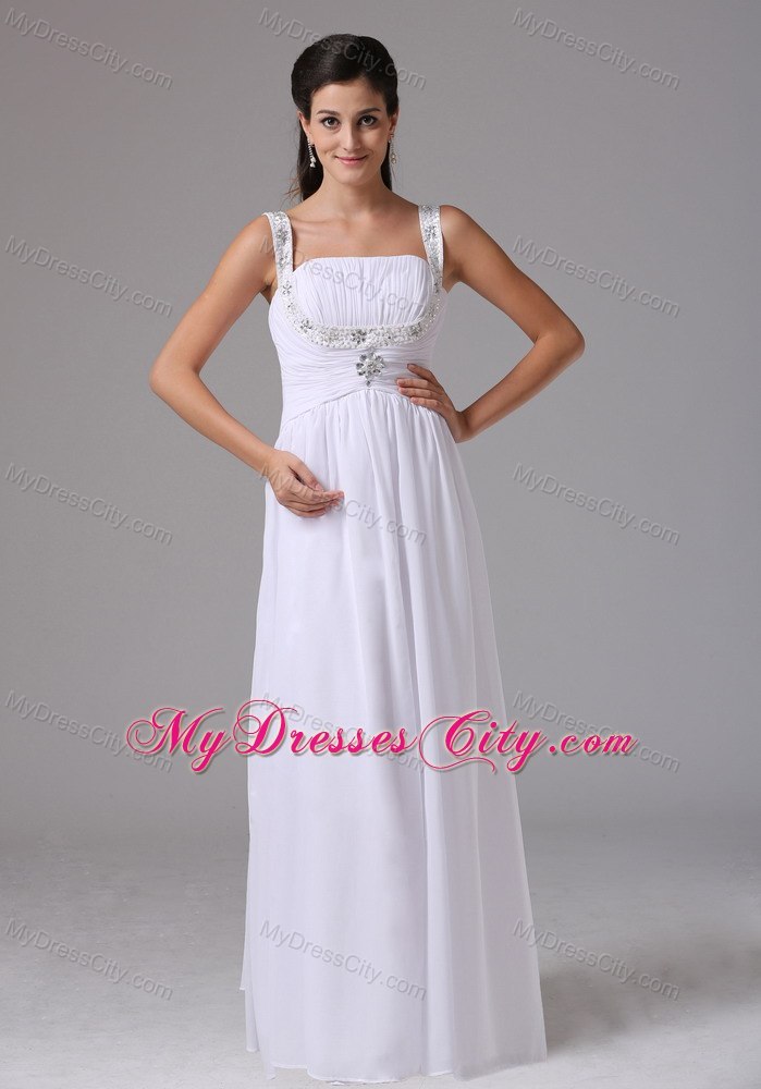 White Ruches and Appliques Decorate Wedding Dress with Wide Straps