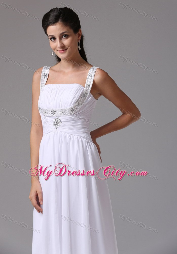 White Ruches and Appliques Decorate Wedding Dress with Wide Straps