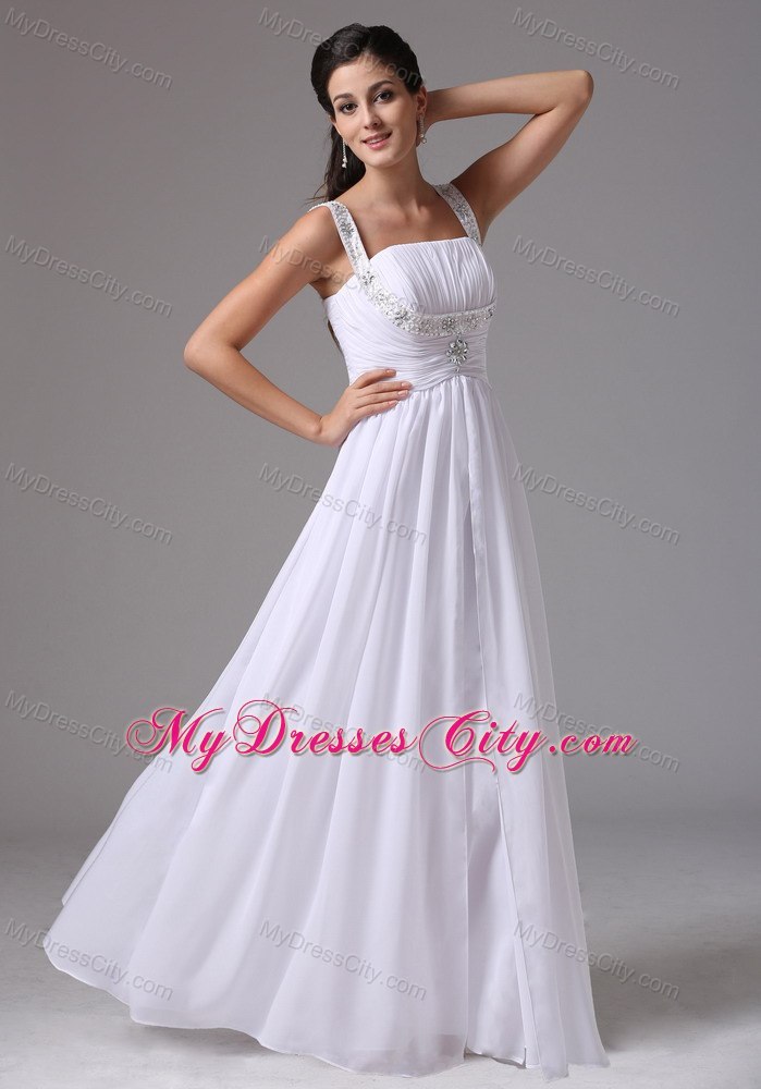 White Ruches and Appliques Decorate Wedding Dress with Wide Straps