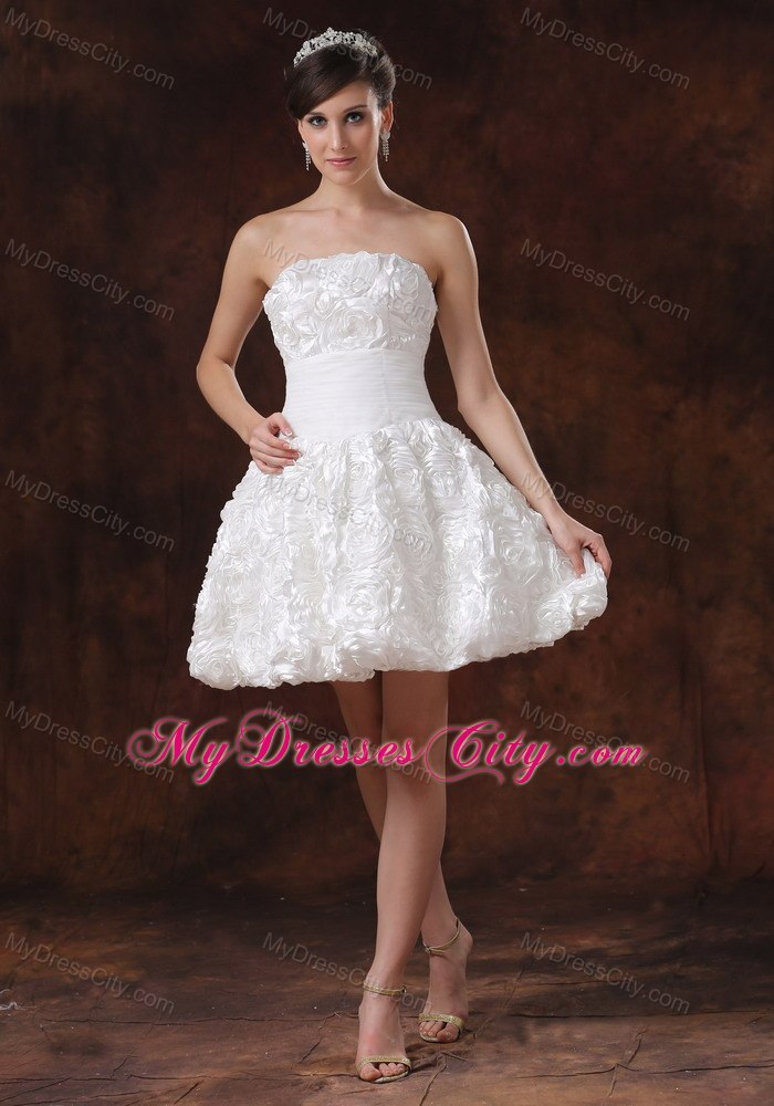 White Fabric with Rolling Flower A-line Short Wedding Dress On Sale