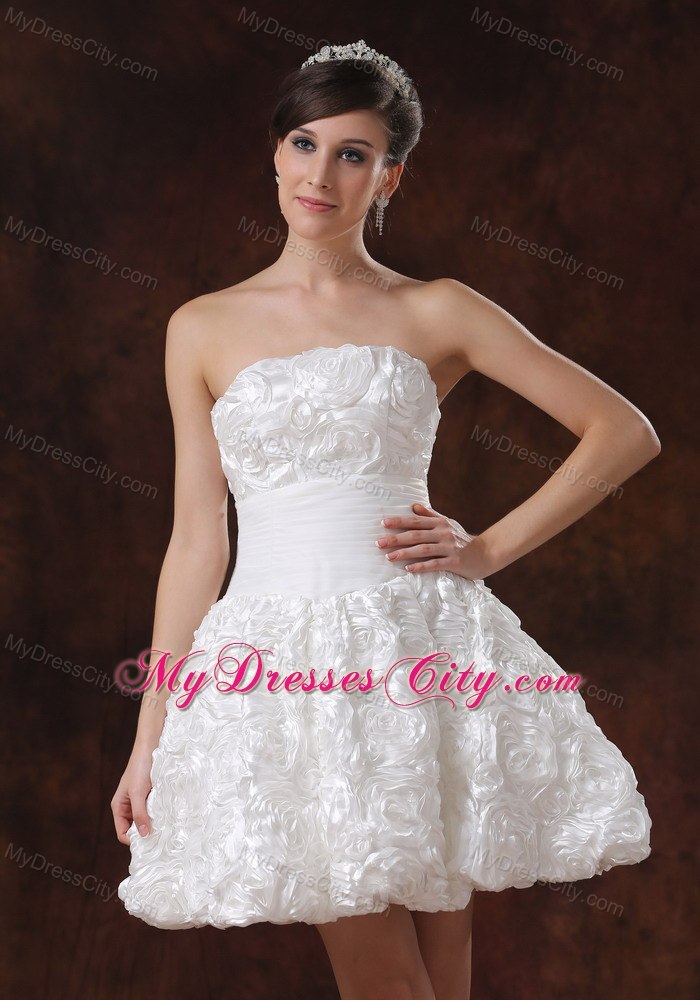 White Fabric with Rolling Flower A-line Short Wedding Dress On Sale