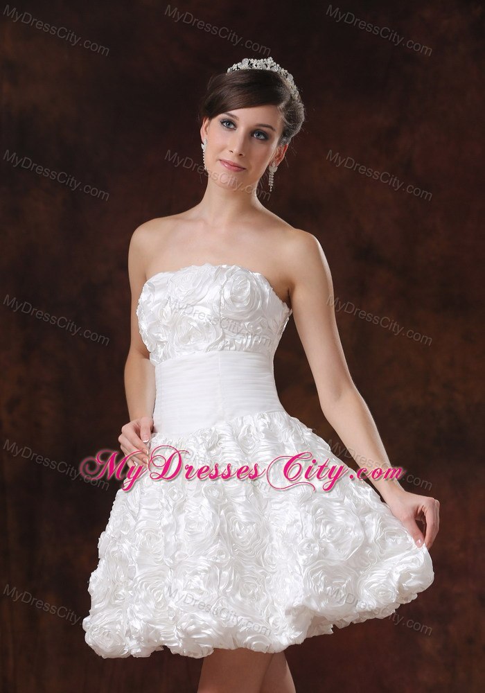 White Fabric with Rolling Flower A-line Short Wedding Dress On Sale