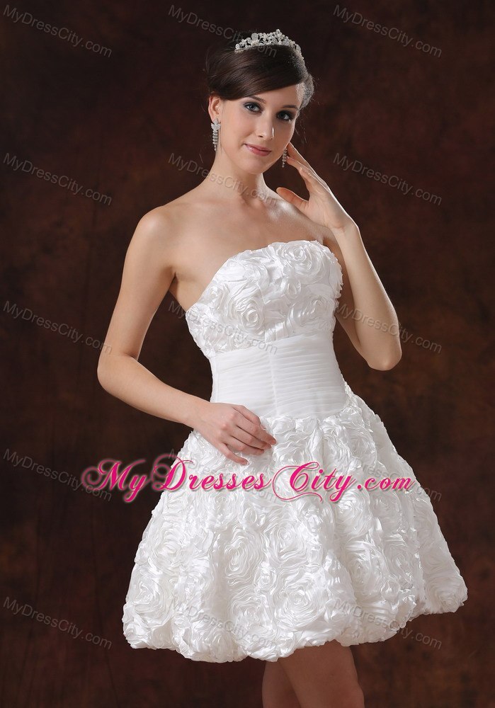 White Fabric with Rolling Flower A-line Short Wedding Dress On Sale