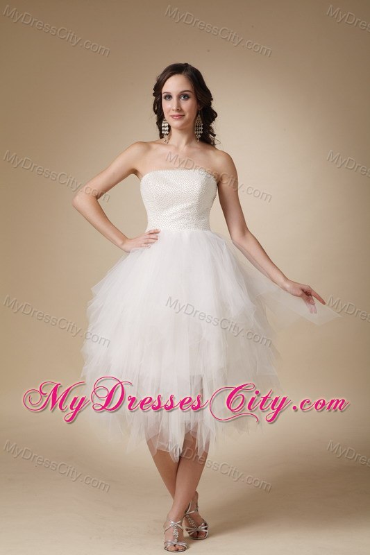 Lovely White Strapless A-line Tulle Beaded Wedding Dress Tea-length