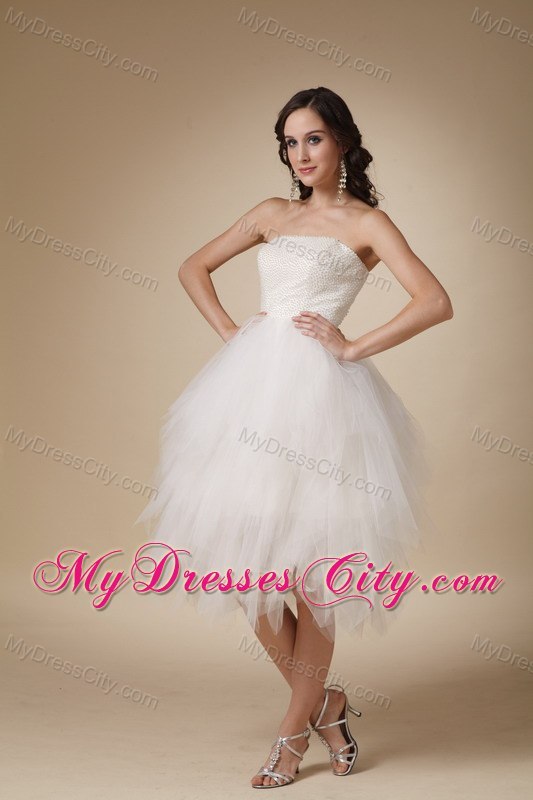 Lovely White Strapless A-line Tulle Beaded Wedding Dress Tea-length