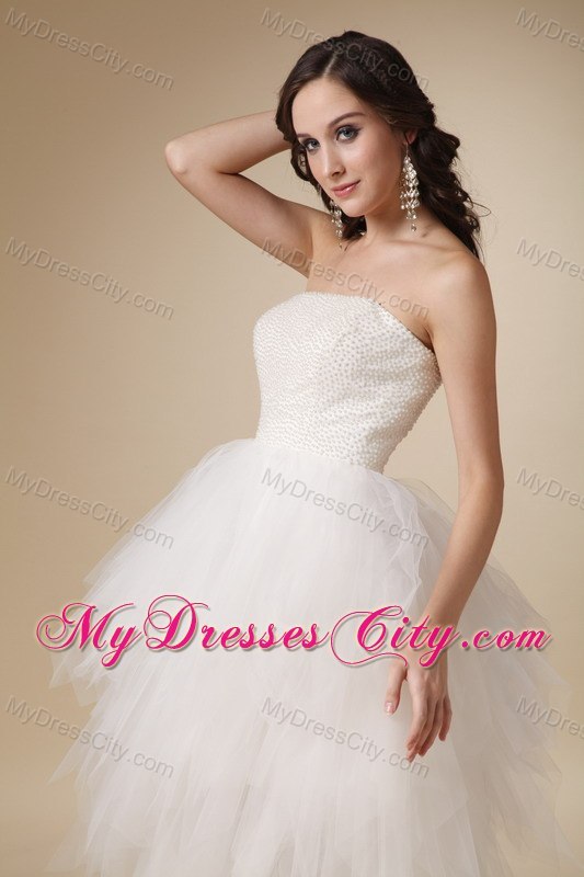 Lovely White Strapless A-line Tulle Beaded Wedding Dress Tea-length