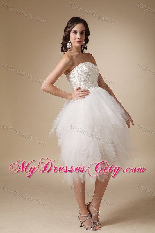 Lovely White Strapless A-line Tulle Beaded Wedding Dress Tea-length