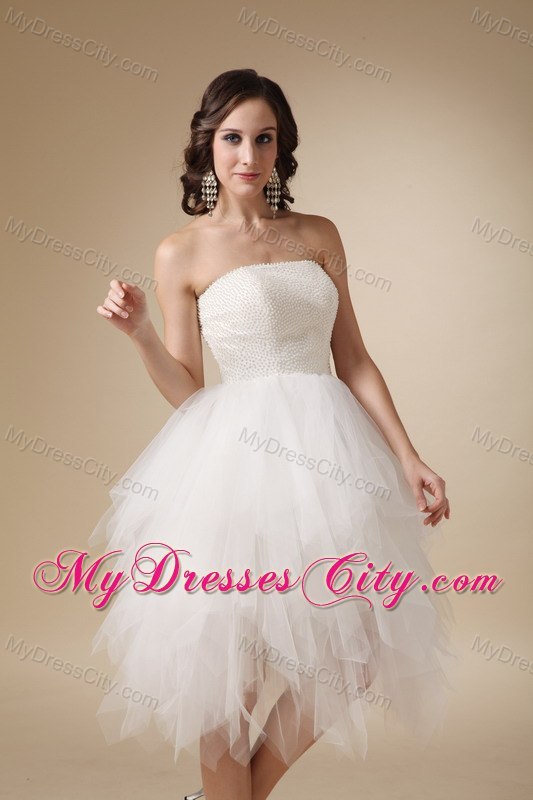 Lovely White Strapless A-line Tulle Beaded Wedding Dress Tea-length