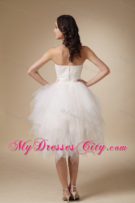 Lovely White Strapless A-line Tulle Beaded Wedding Dress Tea-length