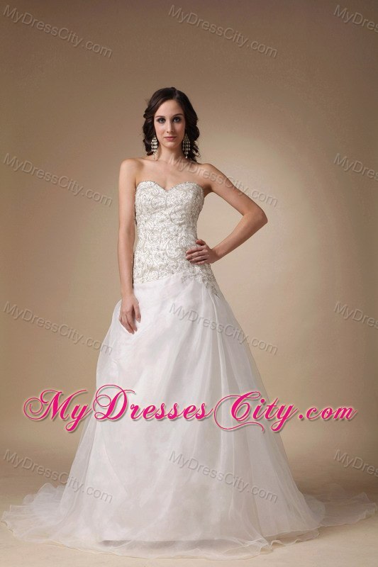 Slinky Sweetheart Beading Court Train White A-line Wedding Dress