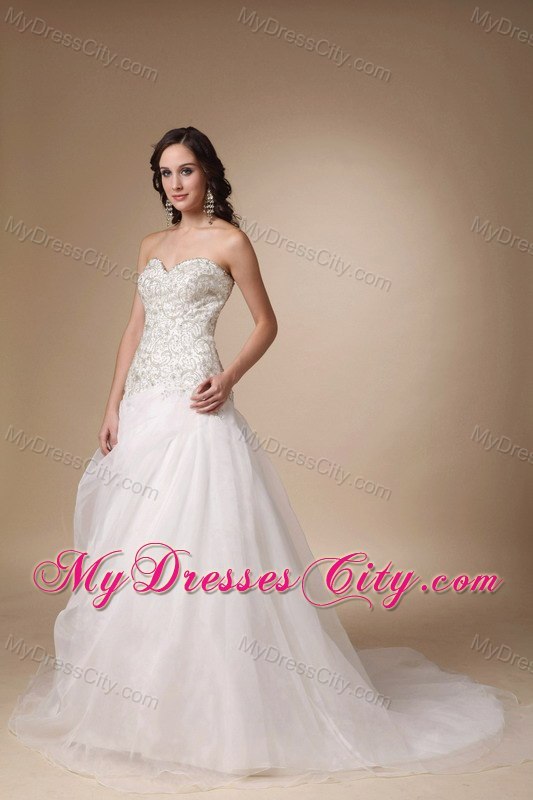 Slinky Sweetheart Beading Court Train White A-line Wedding Dress