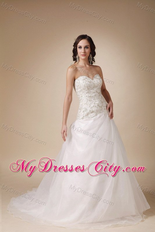 Slinky Sweetheart Beading Court Train White A-line Wedding Dress