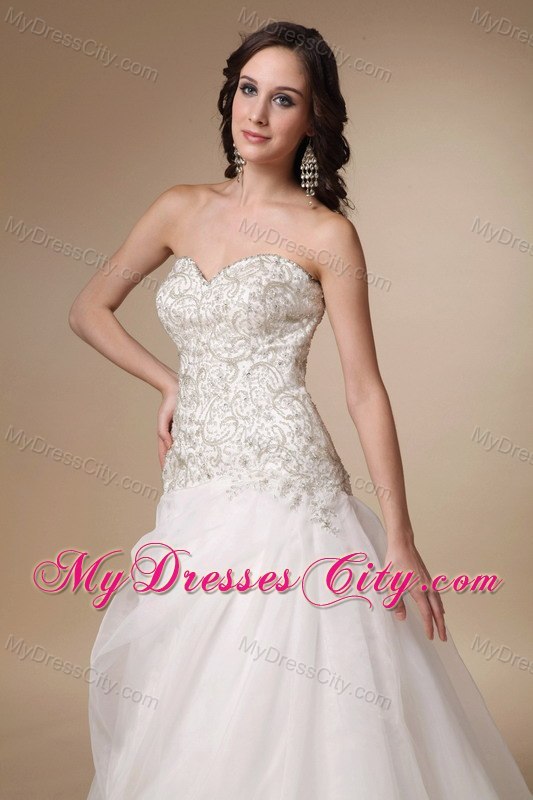 Slinky Sweetheart Beading Court Train White A-line Wedding Dress