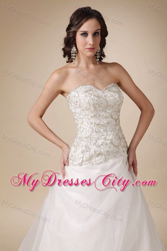 Slinky Sweetheart Beading Court Train White A-line Wedding Dress