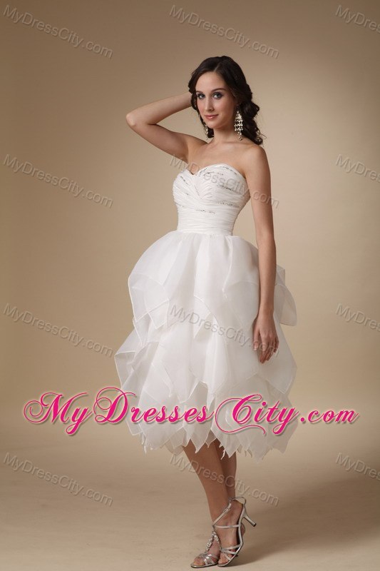 Ruched A-line Sweetheart Tea-length Beaded Organza Wedding Dress