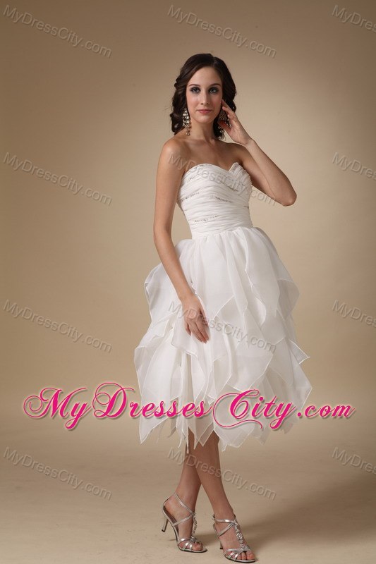 Ruched A-line Sweetheart Tea-length Beaded Organza Wedding Dress