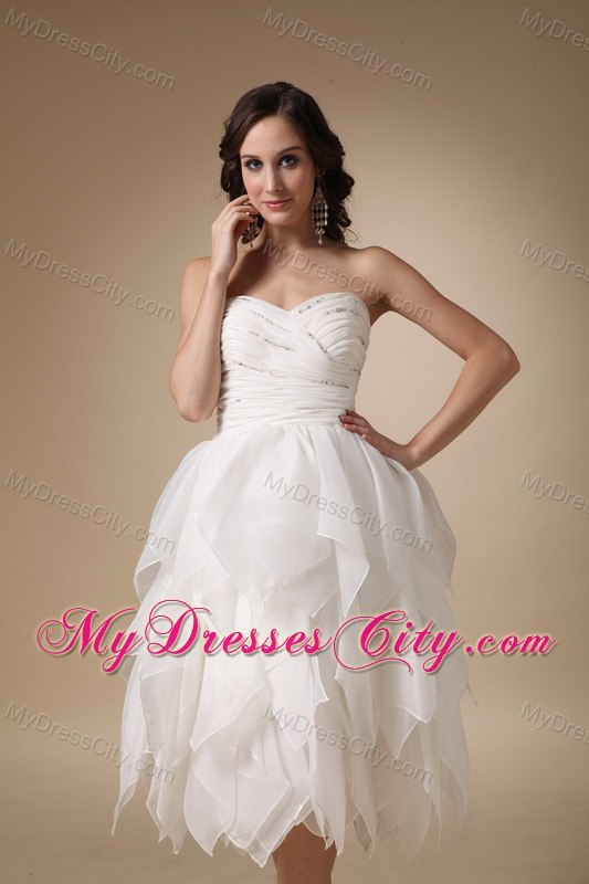 Ruched A-line Sweetheart Tea-length Beaded Organza Wedding Dress