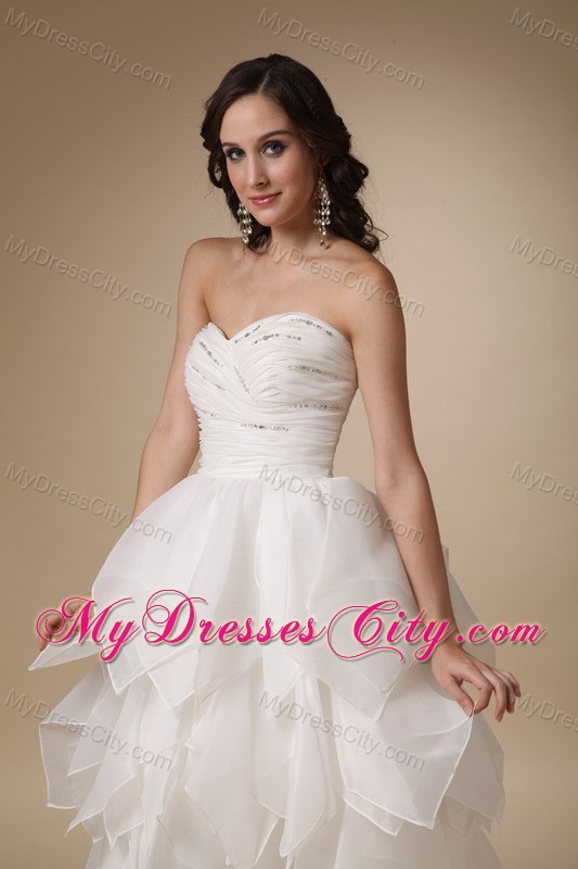 Ruched A-line Sweetheart Tea-length Beaded Organza Wedding Dress