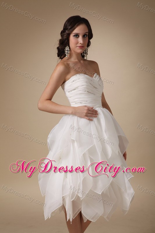 Ruched A-line Sweetheart Tea-length Beaded Organza Wedding Dress