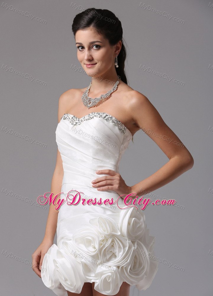 Mini-length Beaded Sweetheart Wedding Gown with Hand Made Flowers