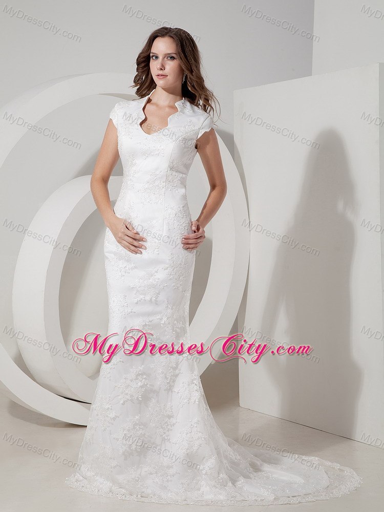 Mermaid V-neck Lace Cap Sleeves Wedding Dress with Clasp Handle