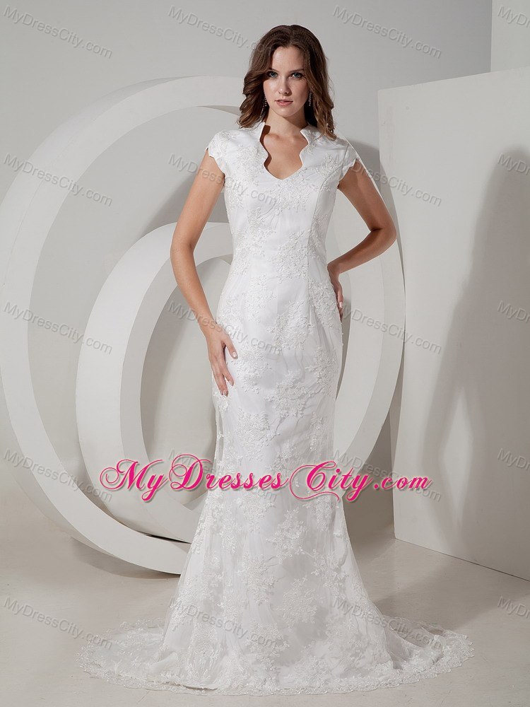 Mermaid V-neck Lace Cap Sleeves Wedding Dress with Clasp Handle