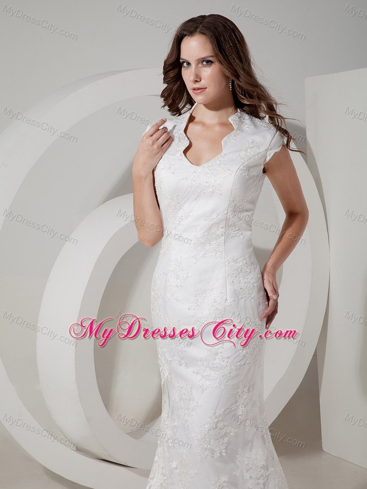 Mermaid V-neck Lace Cap Sleeves Wedding Dress with Clasp Handle