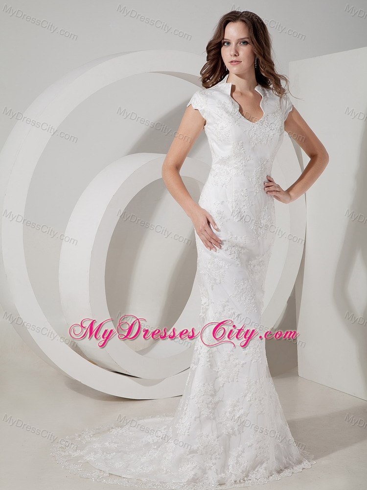 Mermaid V-neck Lace Cap Sleeves Wedding Dress with Clasp Handle