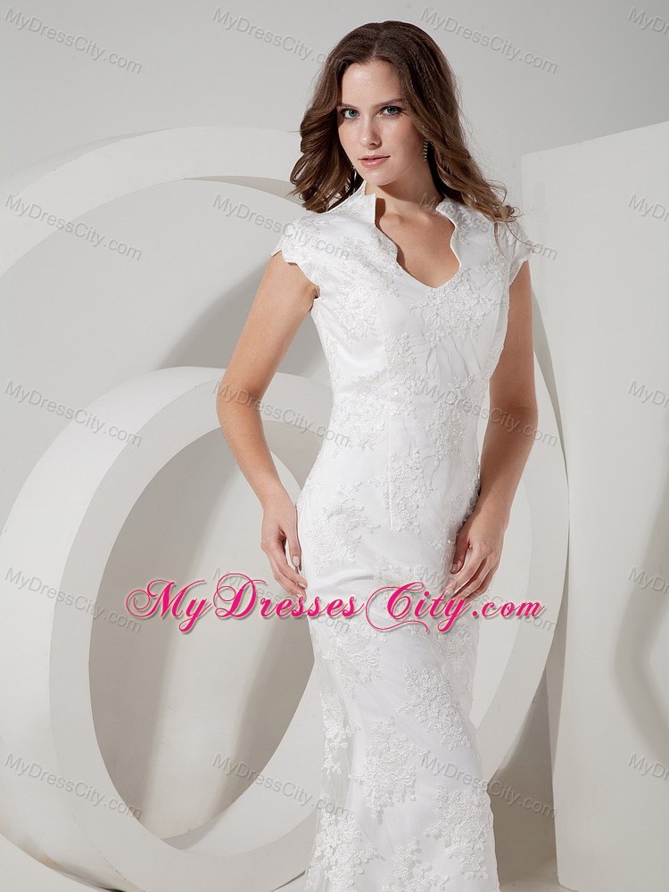 Mermaid V-neck Lace Cap Sleeves Wedding Dress with Clasp Handle