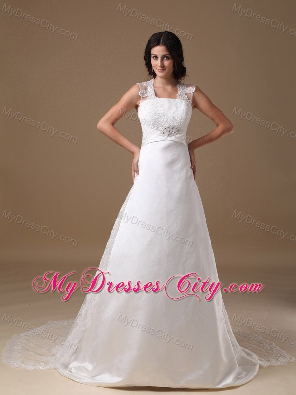 A-line Square Neck Taffeta Beaded Wedding Dress with Lace Train