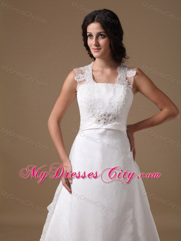 A-line Square Neck Taffeta Beaded Wedding Dress with Lace Train