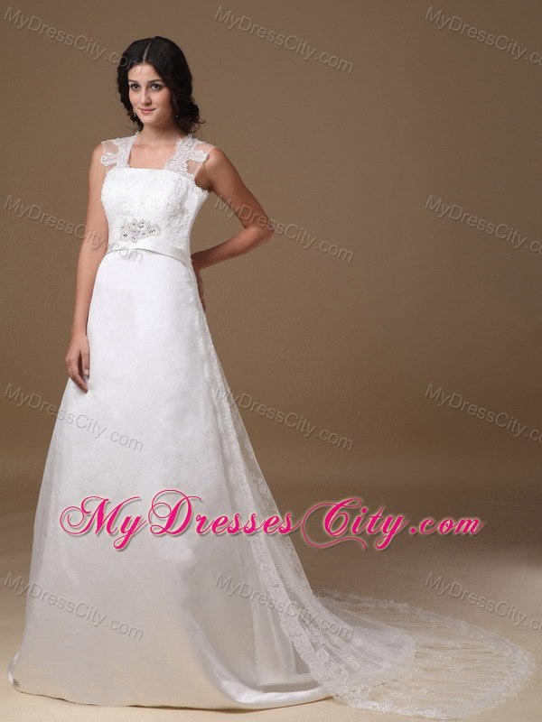 A-line Square Neck Taffeta Beaded Wedding Dress with Lace Train