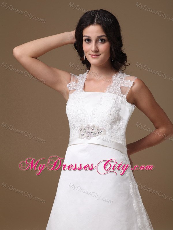 A-line Square Neck Taffeta Beaded Wedding Dress with Lace Train