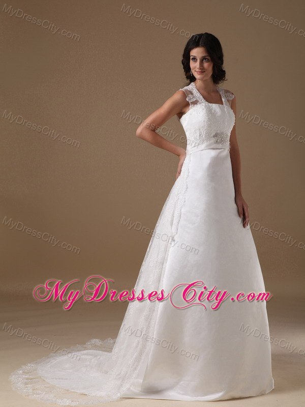 A-line Square Neck Taffeta Beaded Wedding Dress with Lace Train