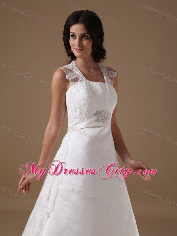 A-line Square Neck Taffeta Beaded Wedding Dress with Lace Train