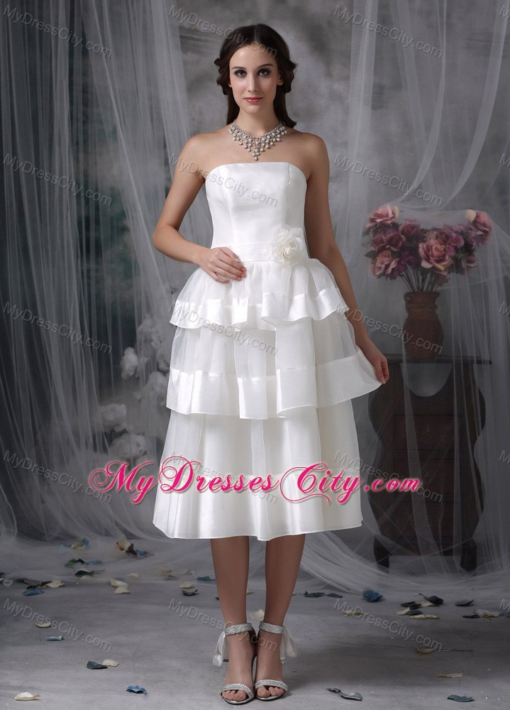 Beautiful Strapless Tea-length Hand Made Flower Wedding Dress