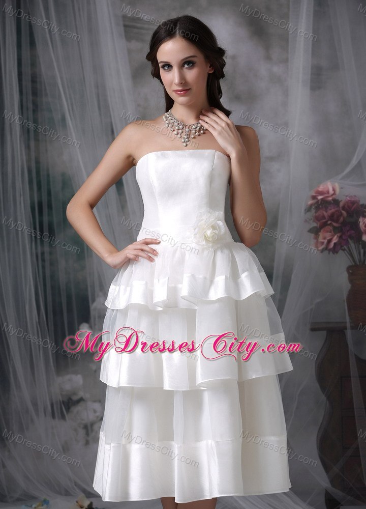 Beautiful Strapless Tea-length Hand Made Flower Wedding Dress