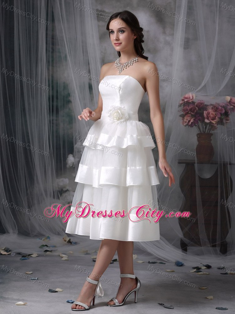 Beautiful Strapless Tea-length Hand Made Flower Wedding Dress