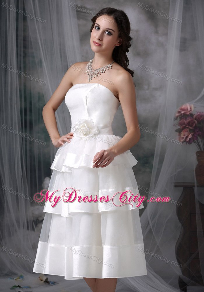 Beautiful Strapless Tea-length Hand Made Flower Wedding Dress