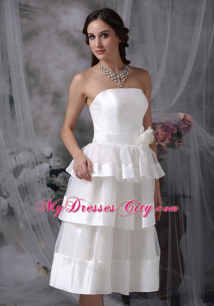 Beautiful Strapless Tea-length Hand Made Flower Wedding Dress