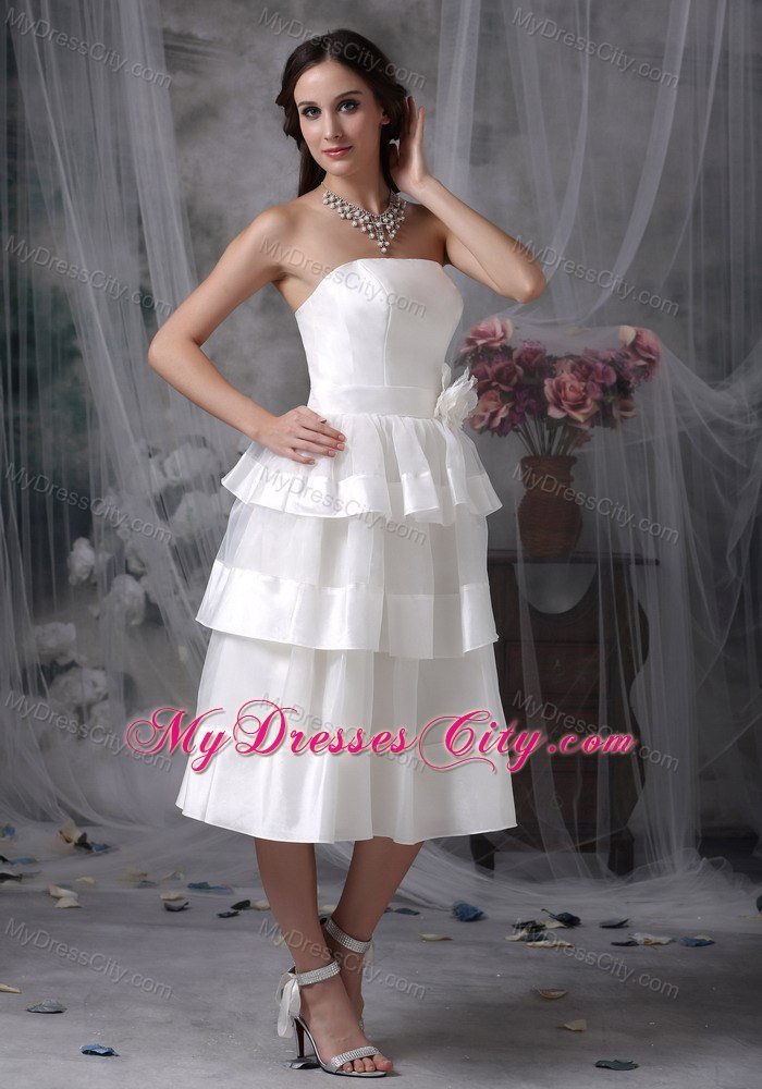 Beautiful Strapless Tea-length Hand Made Flower Wedding Dress