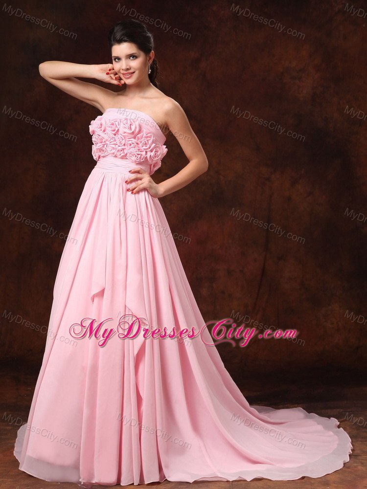 Handle Made Flowers Pink Empire Court Train Wedding Dress