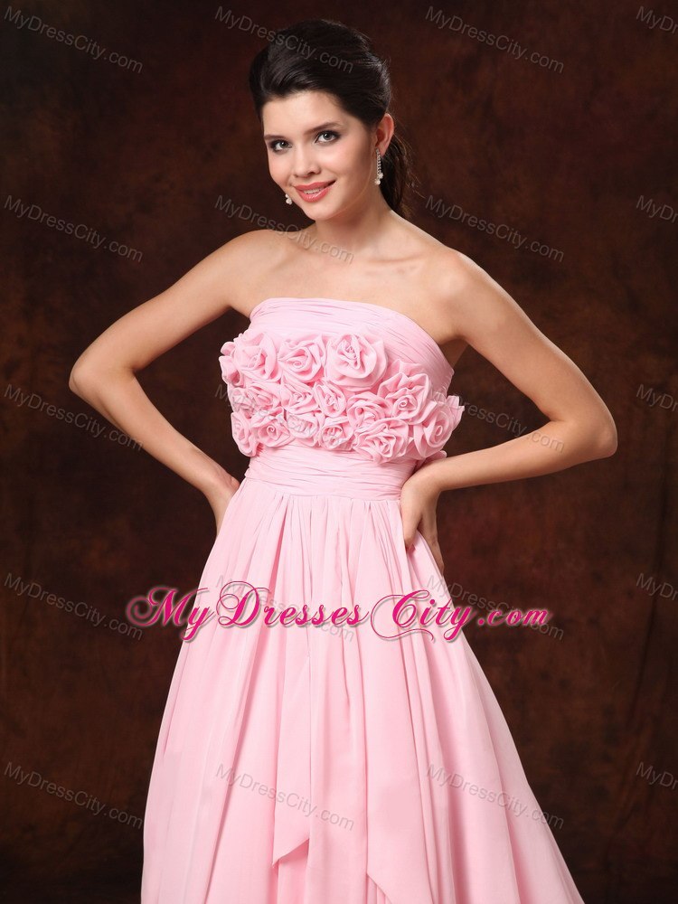 Handle Made Flowers Pink Empire Court Train Wedding Dress